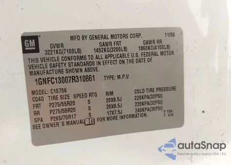 2007 Chevrolet Tahoe Lt z USA, uszkodzony, nr VIN 1GNFC13007R310861